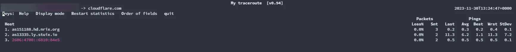 MTR 使用 IPv6 協定追蹤 Cloudflare 網域