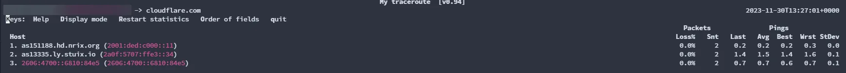MTR 同時顯示網域名稱與 IP 位址的輸出結果