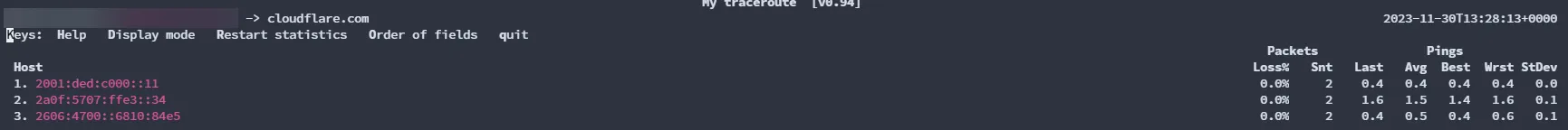 MTR 僅顯示 IP 位址不進行 DNS 解析的輸出