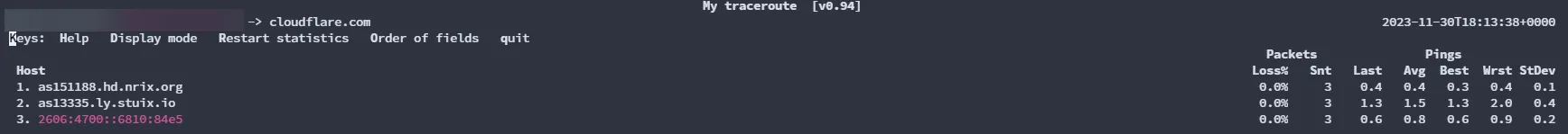 MTR 追蹤 1.1.1.1 的執行結果，顯示完整路由路徑與網路品質數據
