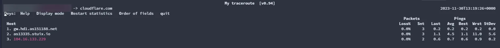 MTR 使用 IPv4 協定進行網路追蹤